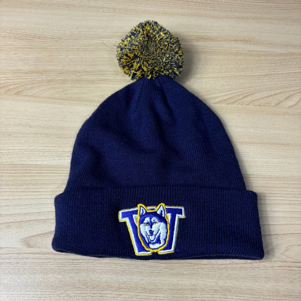 Washington Huskies Hat Beanie Winter Cap Adult Purple Knit Pom Pom Patch Logo